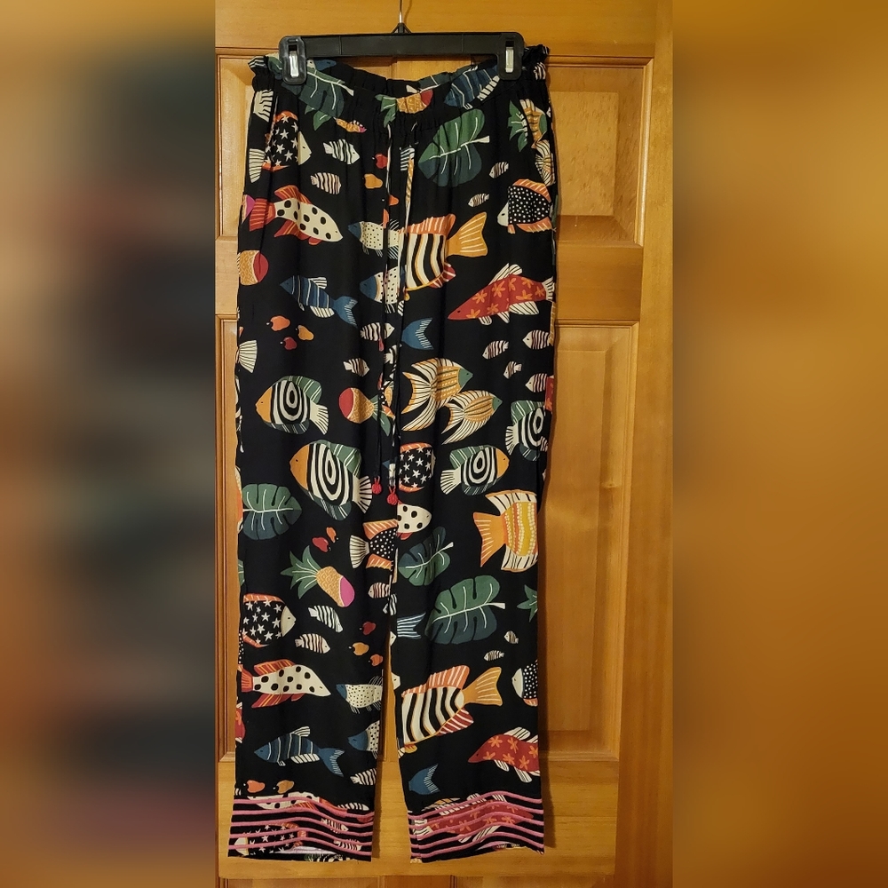 Farm For Anthropologie Farm Rio Black Tropical Fish Print Wide-Leg Pants
